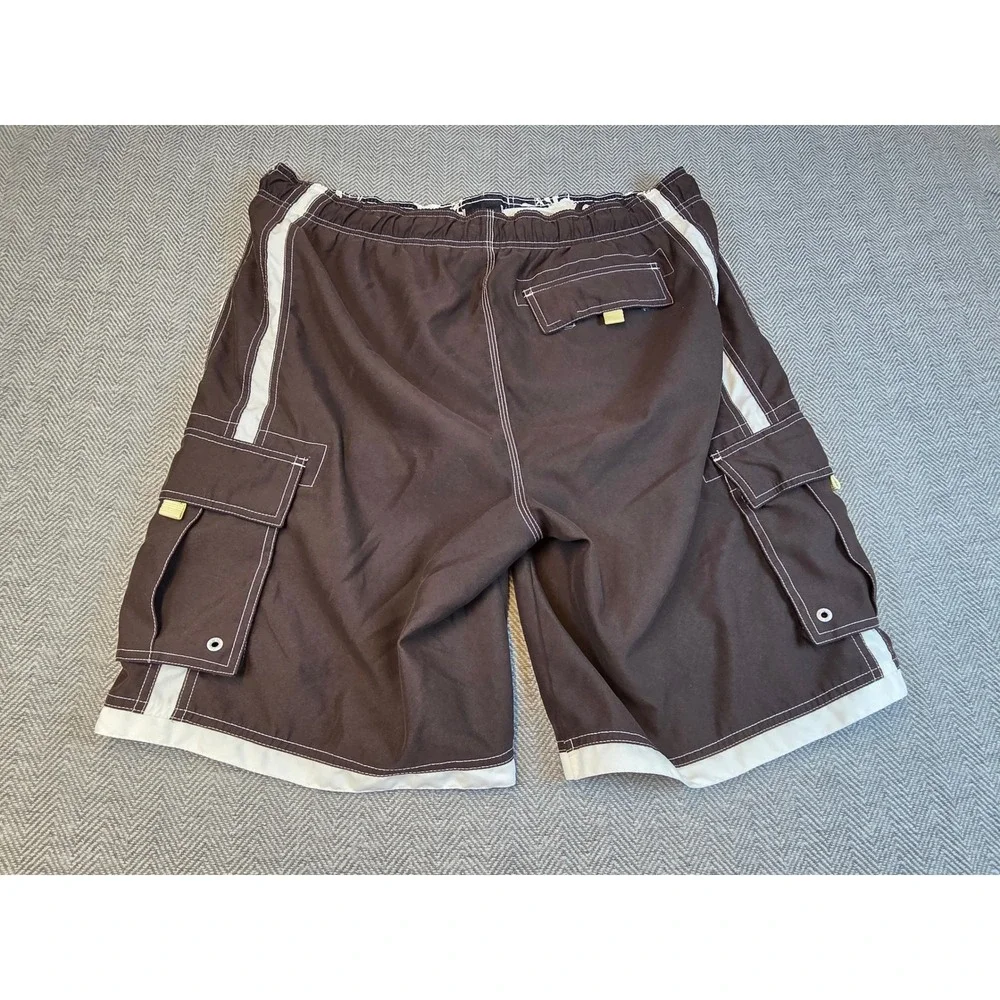 Tony Hawk Mens XL Brown White Side Stripe Cargo Board Shorts Swim Trunks Mesh